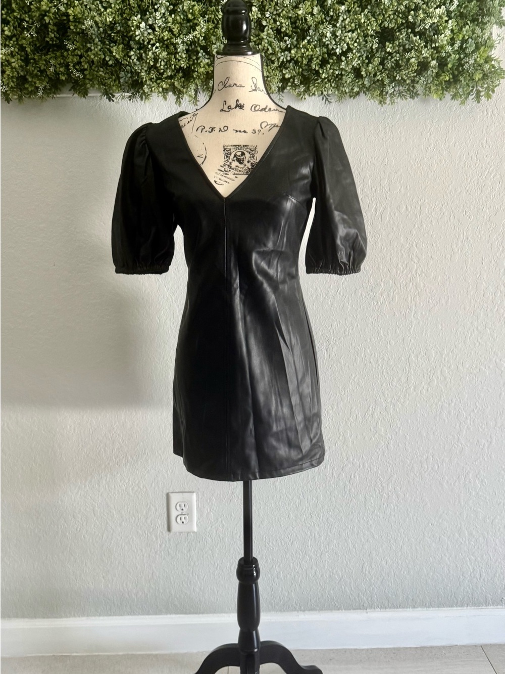 Forever 21 Black Faux Leather Puff Sleeve Mini Dress Size S